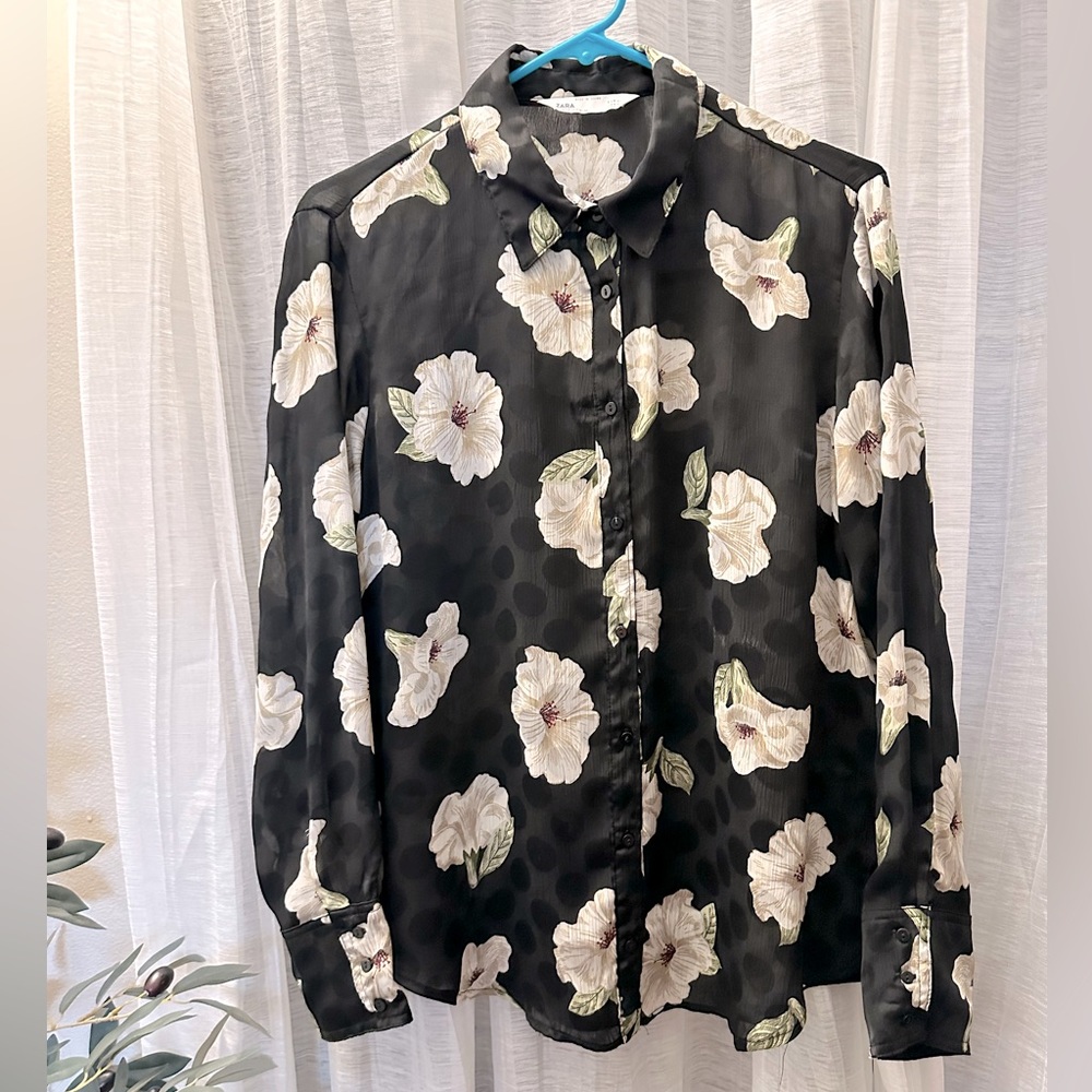 Zara Black Floral Blouse Size XL